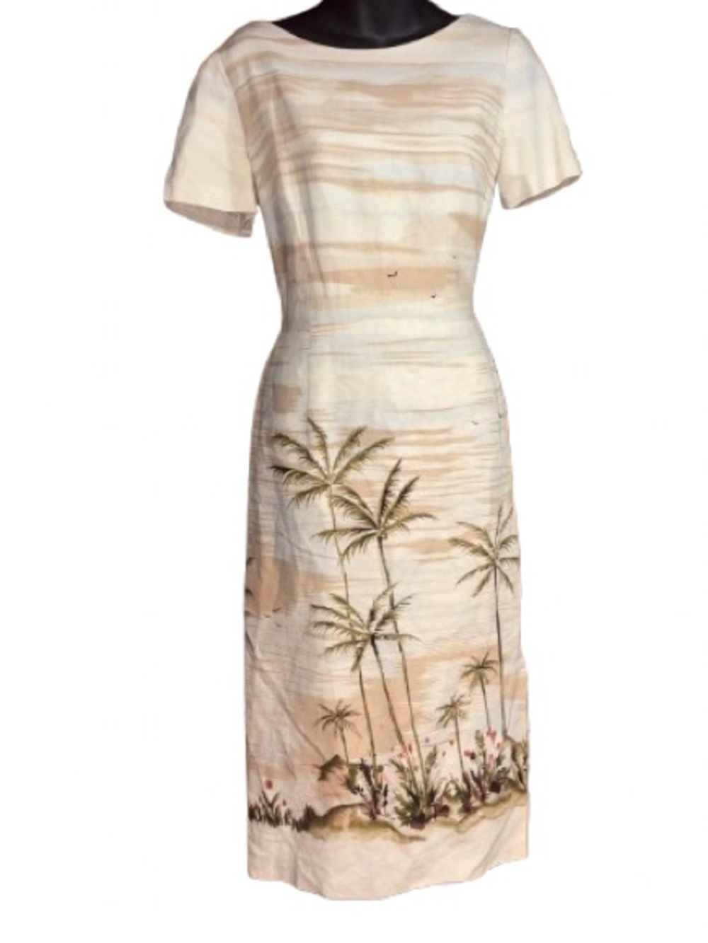 Hawaiian-print linen short-sleeve sheath dress scenic beach graphic palm trees 3
